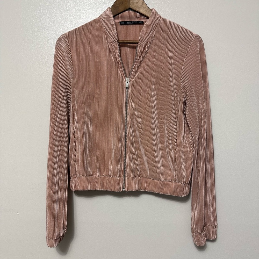 Zara Basic Satin Pleated Bomber Jacket Women’s Small Blush Pink Tracksuit Y2K - Picture 9 of 9